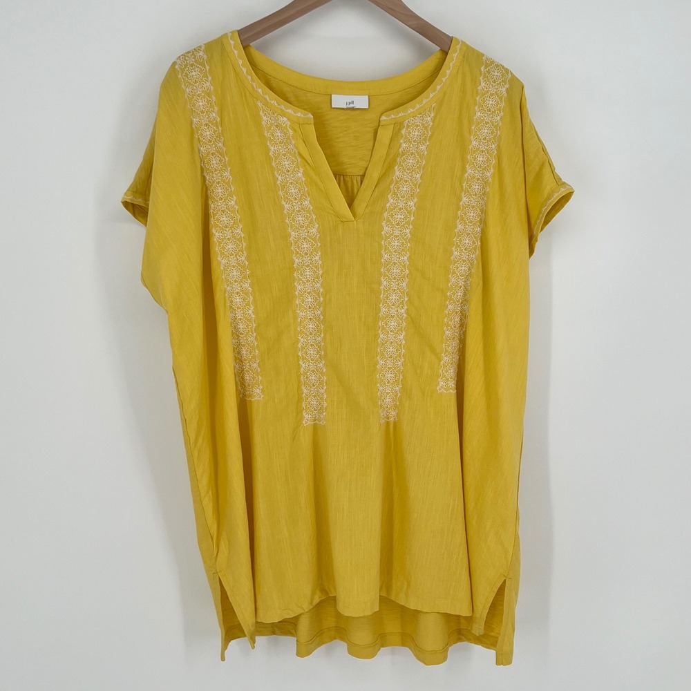 J.Jill Women Embroidered Split Neck Short Sleeve Tunic Top Size L? Yellow‎ Boho
